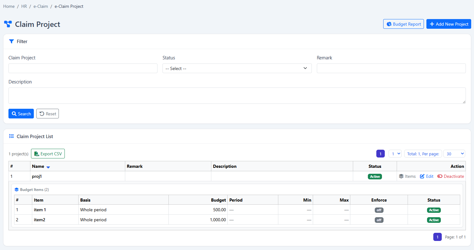 Claim Projects, Items & Budget Control software screen